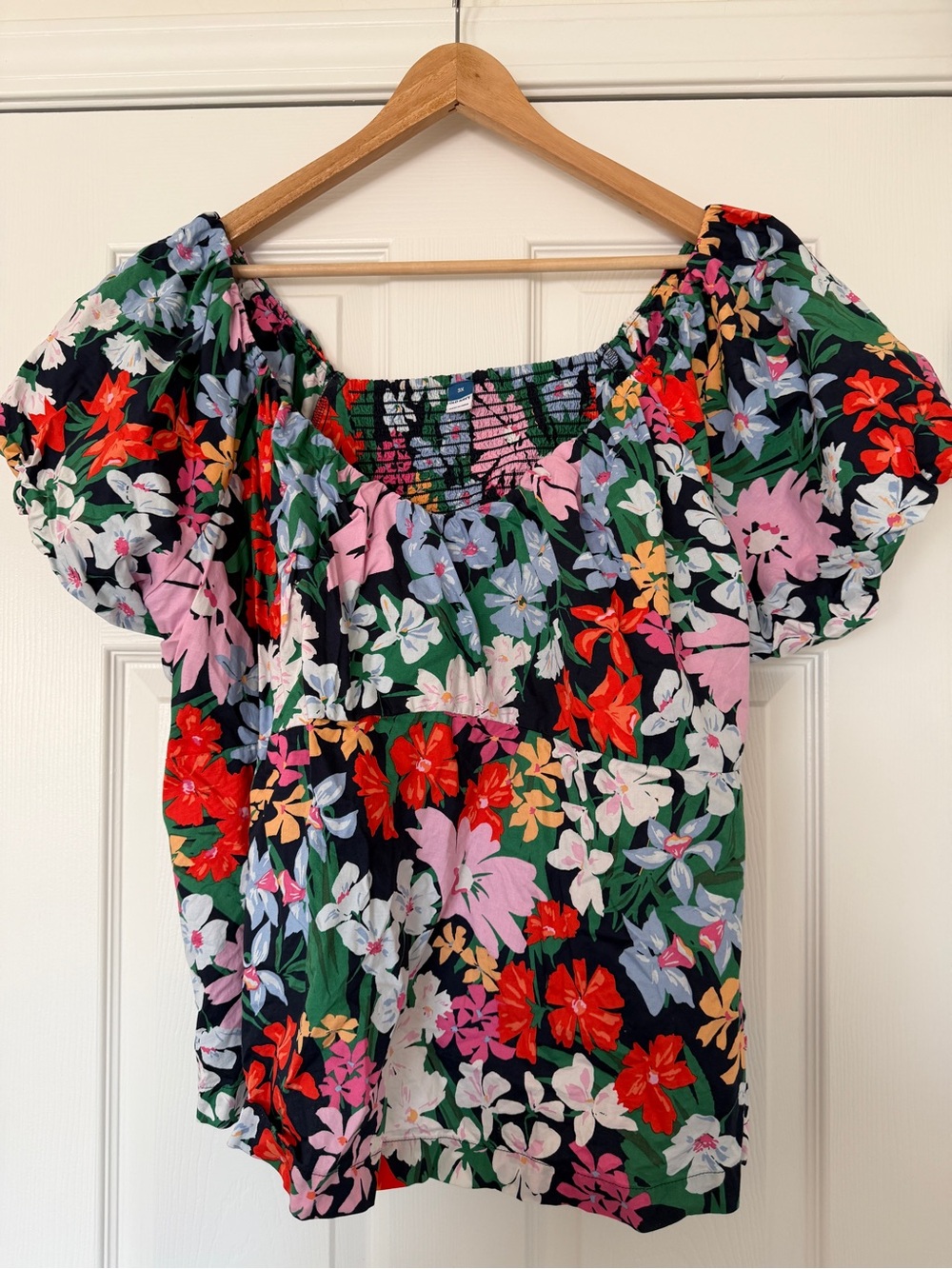 Old Navy Navy Smocked Floral Off-Shoulder Top with Pink & Green Blooms
